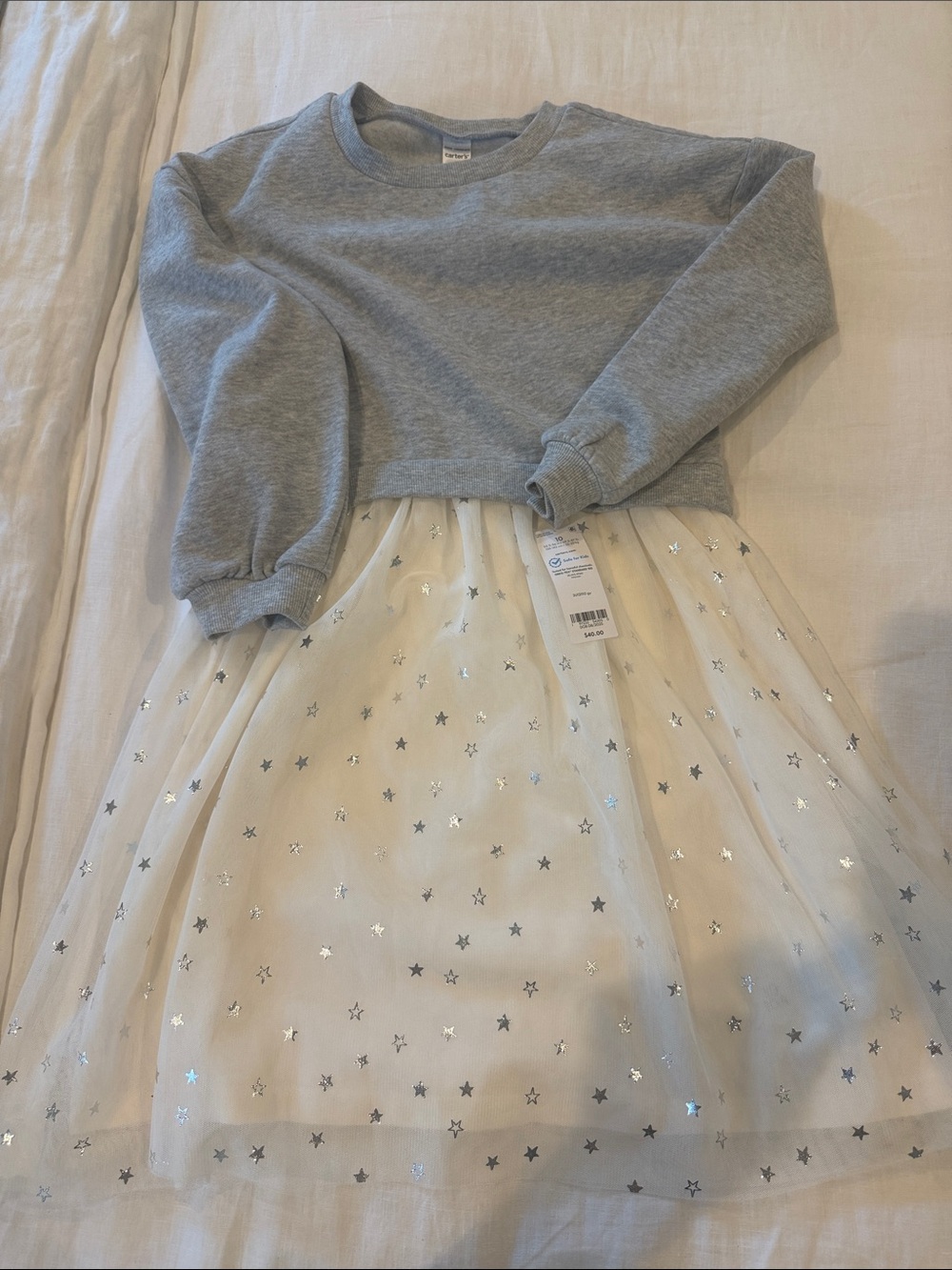 Carter's Gray Sweatshirt Dress with Cream Tulle Skirt and Silver Stars